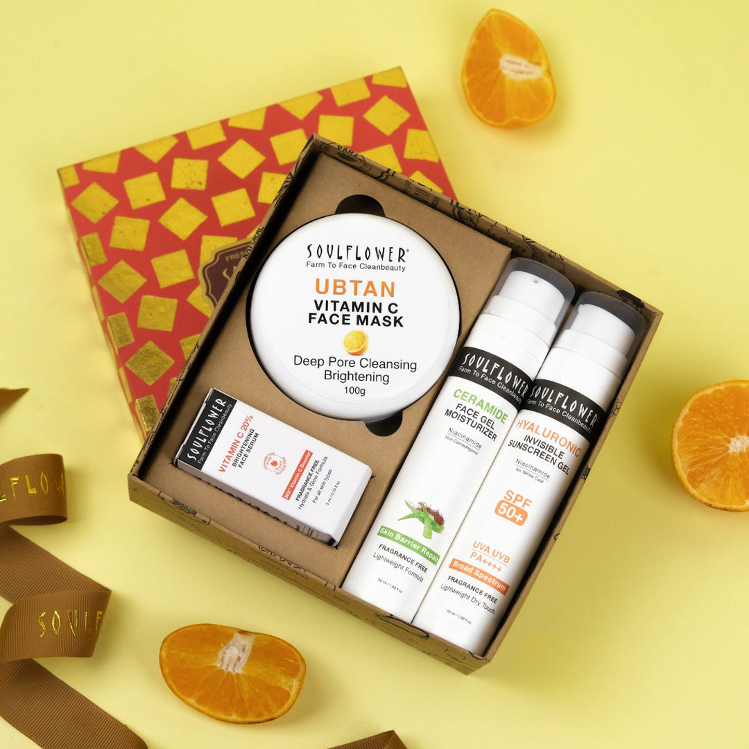 Image of sunscreen, moisturizer, face mask and vitamin c serum included in a giftset