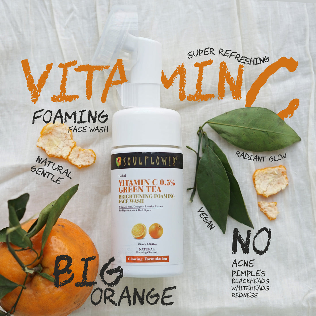 Image of Vitamin C Green Tea brightening foaming facewash alongside its ingredients with its benefits