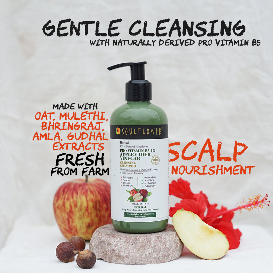 Image of Pro Vitamin B5 1% Apple Cider Vinegar Cleansing Shampoo alongside its ingredients and is Fresh from Farm.