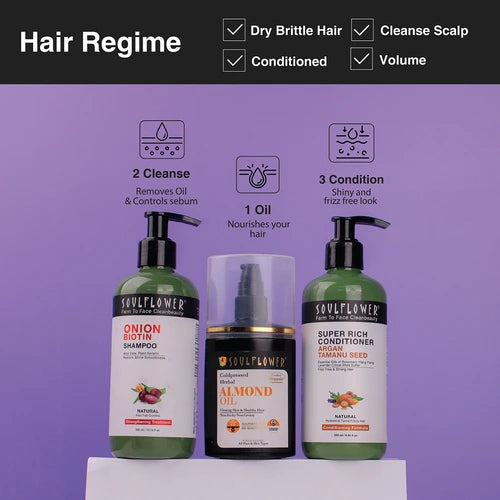 Hair regime including coldpressed almond oil for dry and damaged hair