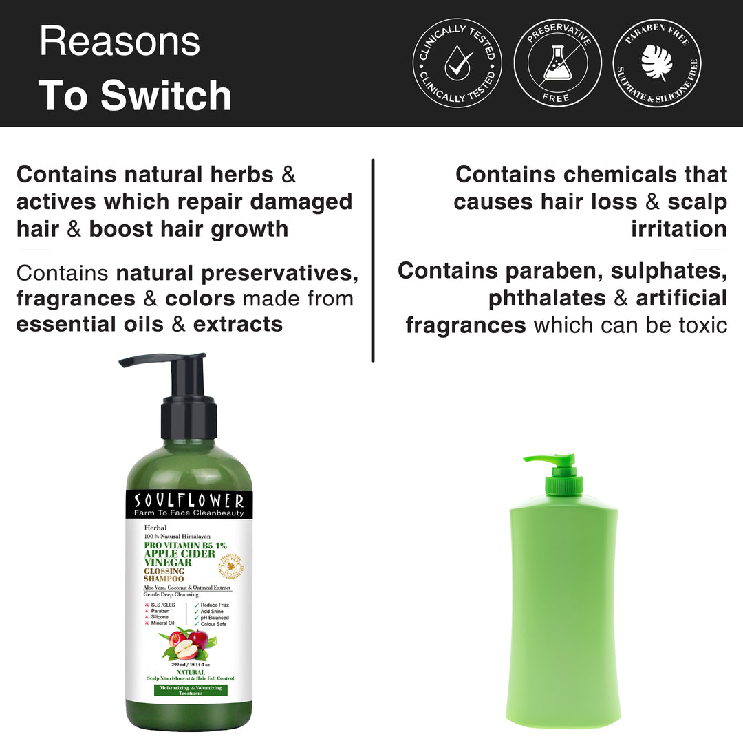 Image mentions reasons to switch to Apple Cider Vinegar Shampoo instead of chemical filled shampoos