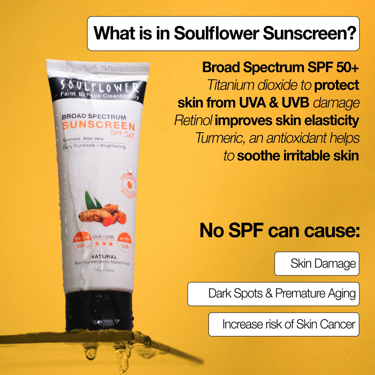 Soulflower Broad Spectrum sunscreen SPF 50+ with its contents