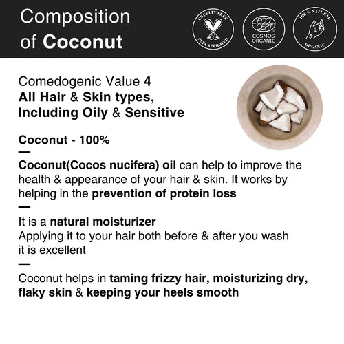 Composition of Coconut for all types of hair and skin types including oily and sensitive