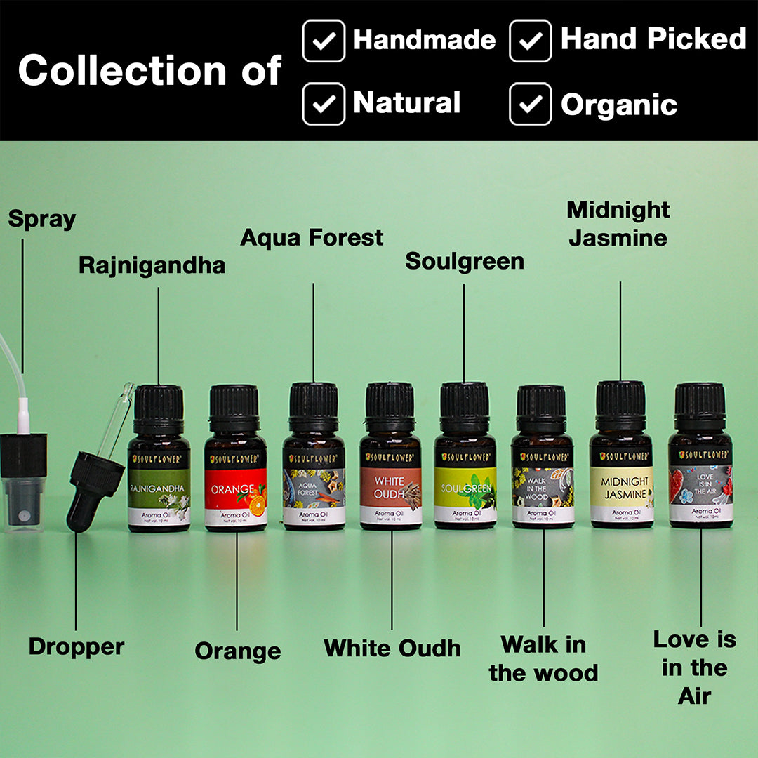 Collection of natural and organic aroma oils which are handmade, natural and organic