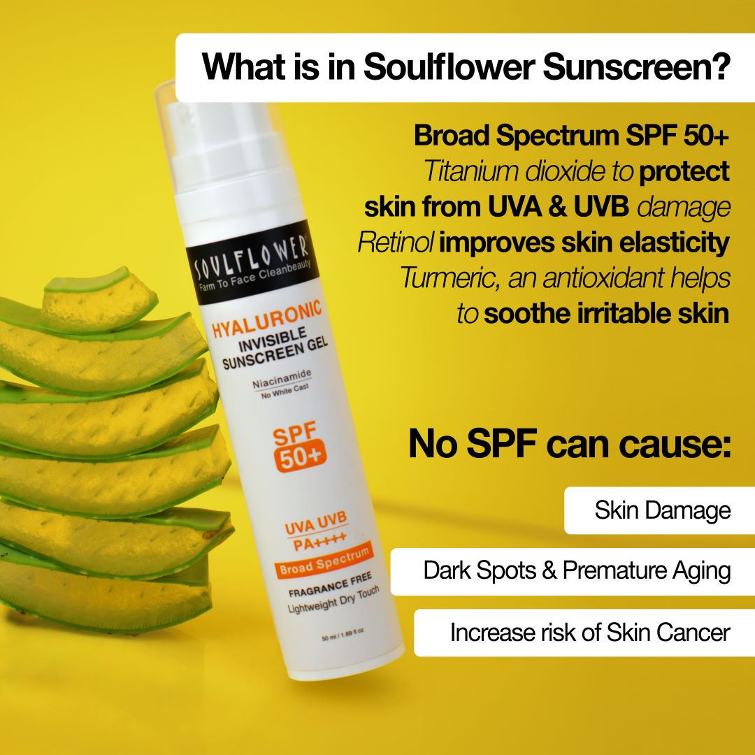 SPF 50+ Soulflower sunscreen with Niacinamide, Retinol and Turmeric for many skin benefits and UVA and UVB damage protection