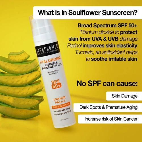 SPF 50+ Soulflower sunscreen with Niacinamide, Retinol and Turmeric for many skin benefits and UVA and UVB damage protection