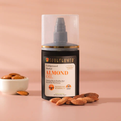 Soulflower Coldpressed herbal almond oil for glowing skin and healthy hair