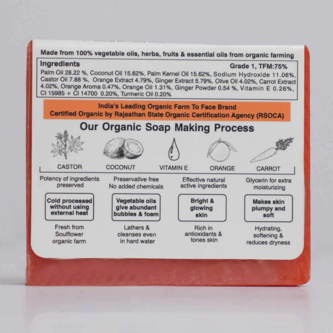 Vitamin C Rich Orange Carrot Soap back image with ingredient information and soap making process