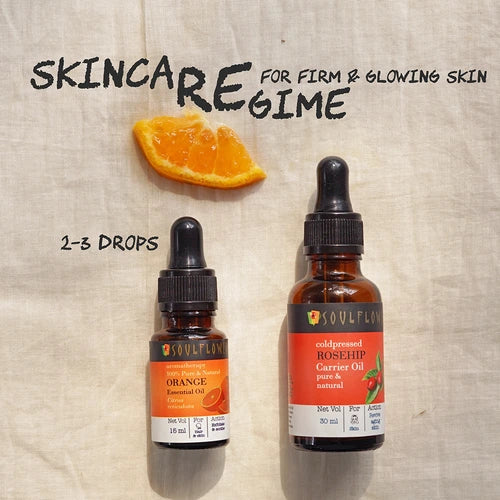 Skincare regime for firm and glowing skin including Orange Essential Oil