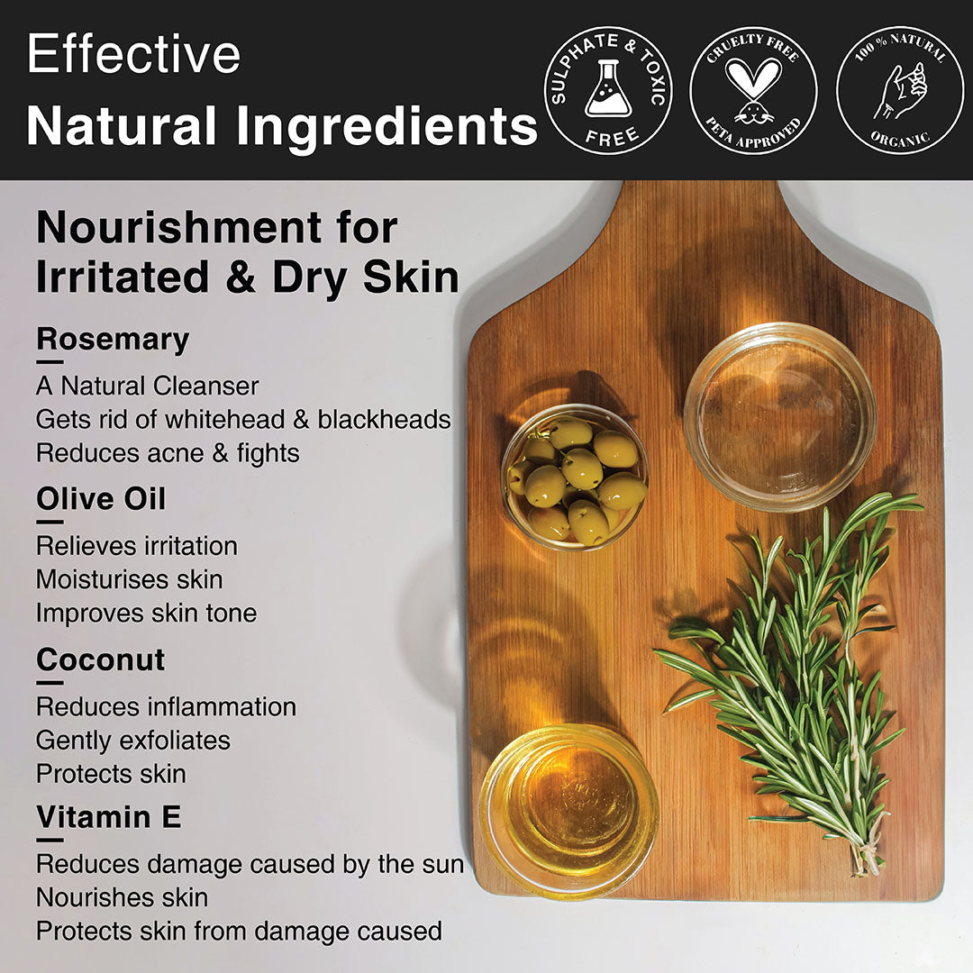 Image of natural ingredients used in Rosemary essential oil soap for intense nourishment 