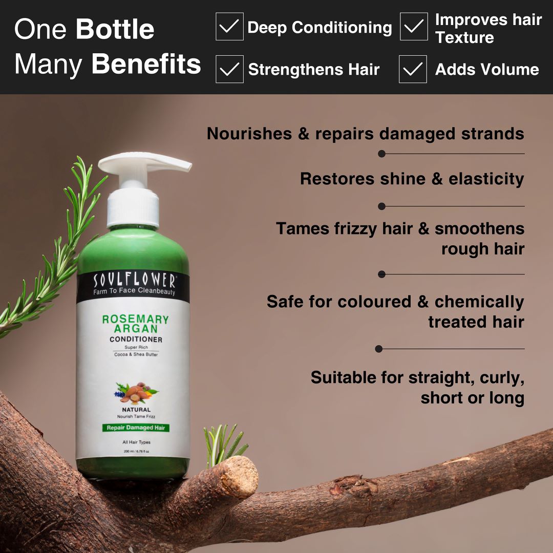 Many benefits of Soulflower Rosemary Argan conditioner to deep condition and strengthen the hair