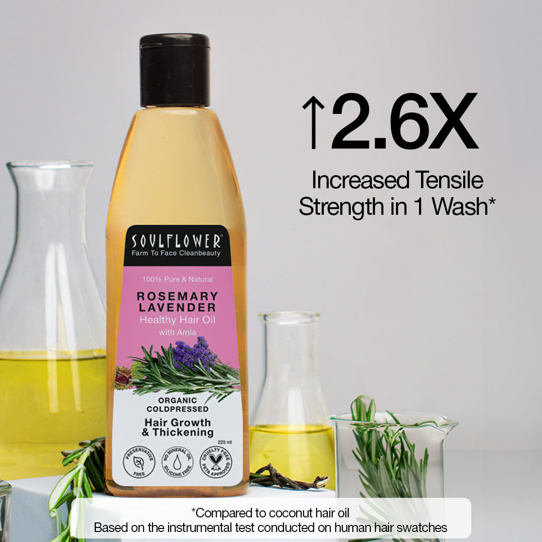 Soulflower Rosemary Lavender Healthy Hair Oil has increased tensile strength by 2.6X after just 1 wash