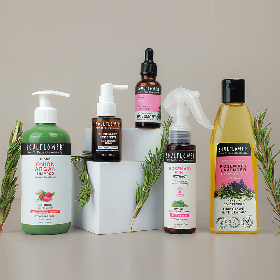 Complete hair growth routine that has Rosemary Essential Oil, Rosemary Redensyl Serum, Rosemary Water, Rosemary Lavender Healthy Hair Oil, and Onion Argan Shampoo