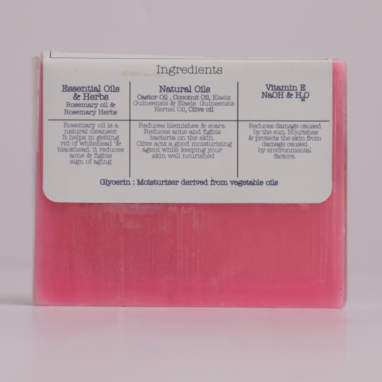 Back image of Rosemary Oil Soap mentioning its ingredients and their benefits