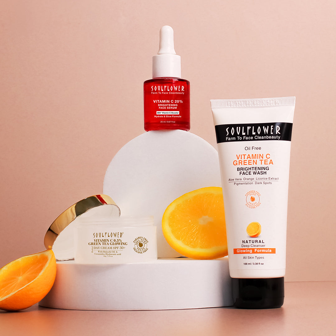 Image of Soulflower vitamin C products alongside its ingredient