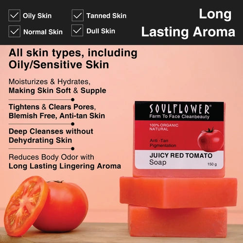 Juicy red anti tan tomato soap for all types of skin which moisturizes and tightens skin