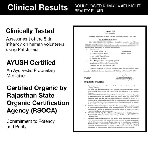 Certification of clinical tests and AYUSH CERTIFIED Kumkumadi Tailam