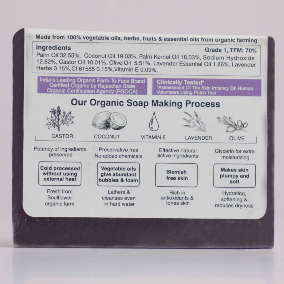 Back image of lavender soap with its making process and ingredients and their effects on body