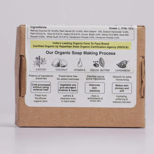 Back image of goat milk soap with its ingredients